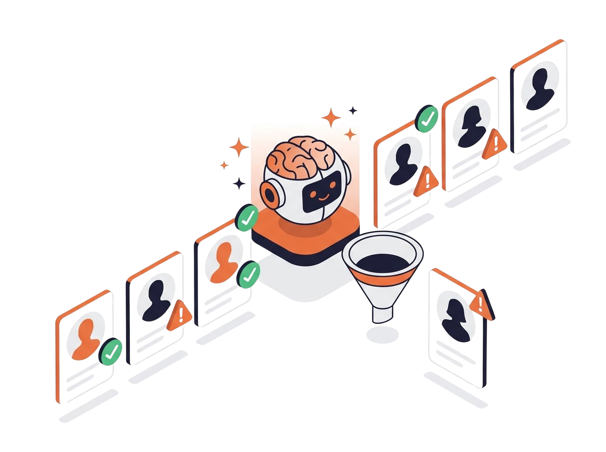 Interface de validation IA montrant les scores de correspondance des profils avec des coches sur les profils correspondants et des icônes d'avertissement sur les écarts