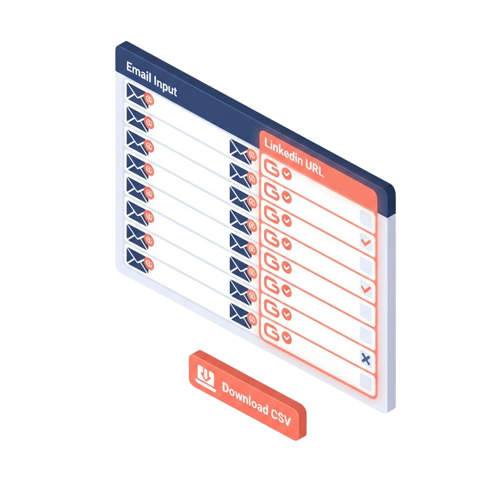 CSV download showing enriched LinkedIn data recovered from reverse email lookup