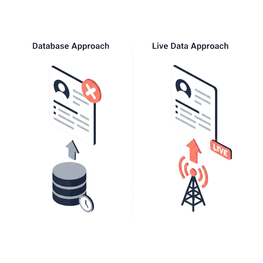 Comparaison côte à côte entre des données de base obsolètes et les données LinkedIn live scrapées par Vayne