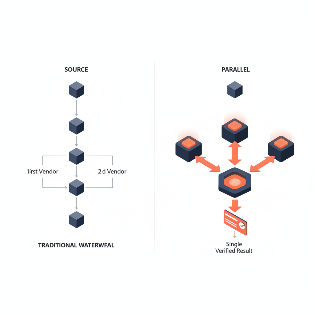 Diagram comparing traditional sequential waterfall vs Vayne's parallel multi-vendor approach